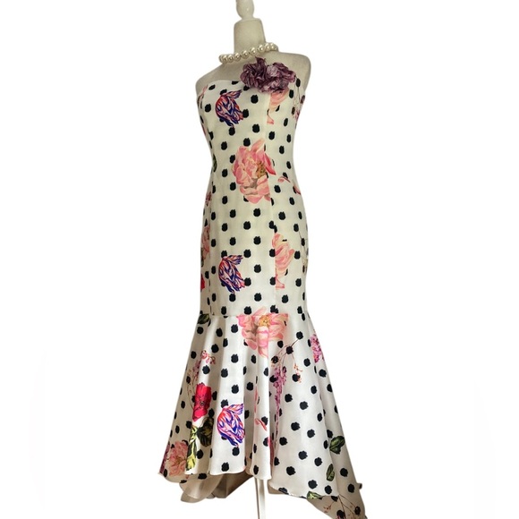 Marchesa Notte Strapless Black Polka Dot Gown Pink Floral - Picture 14 of 16